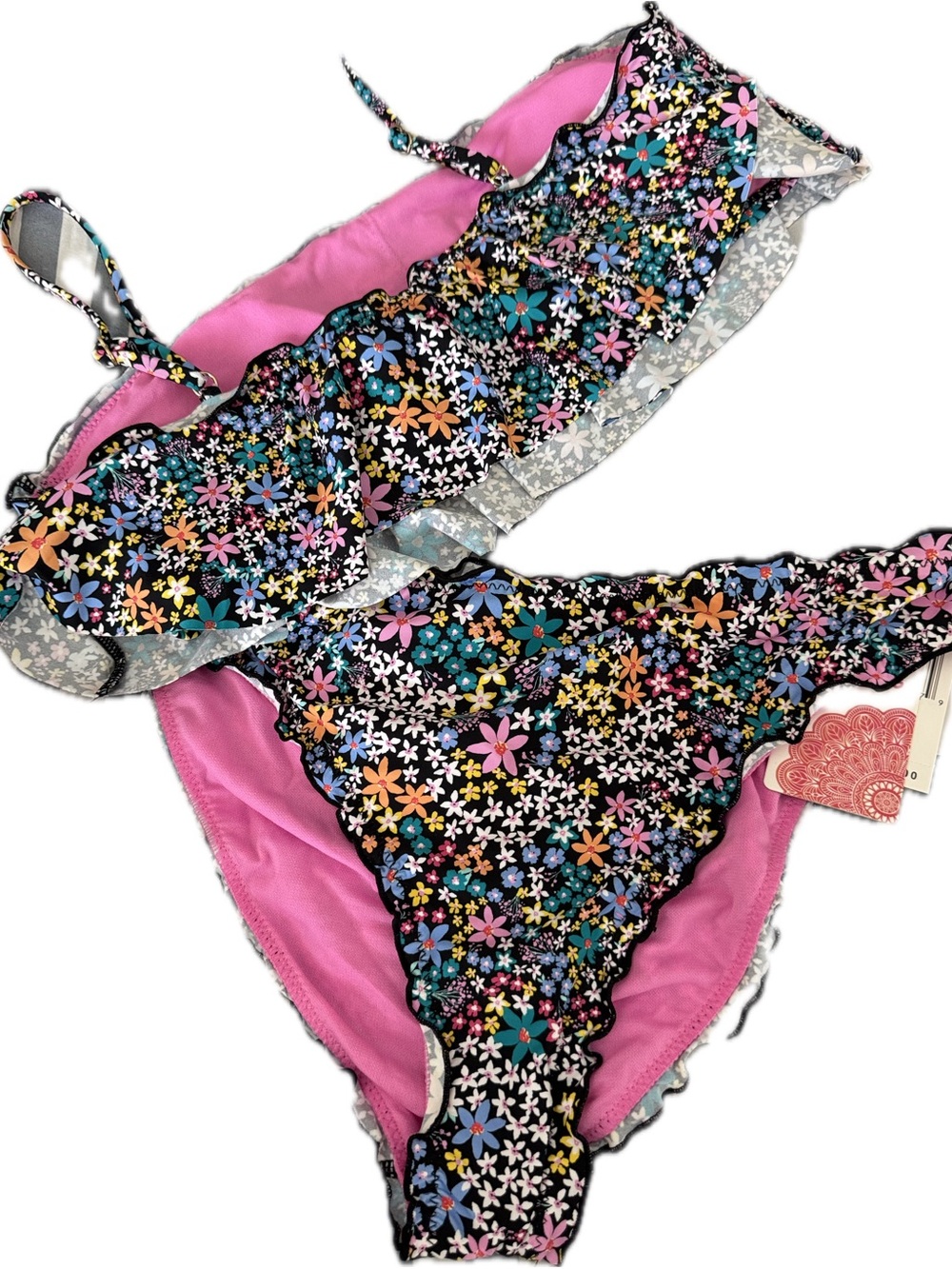 Hobie Black Floral Bikini Bottoms with Pink Lining